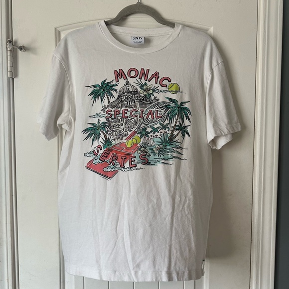 Zara Other - ZARA Monaco Special Series Graphic T-Shirt Men’s Large White Tennis Print